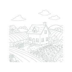 Obraz premium Charming Cottage Coloring Page Countryside House with Flower Garden Illustration