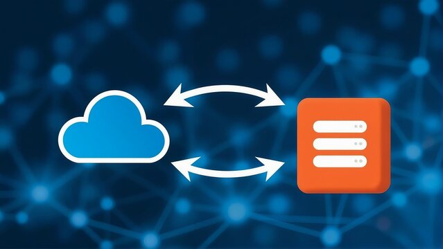 Digital cloud and data storage synchronization with network connections and glowing blue background