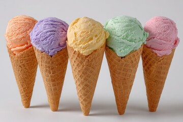 A row of five colorful ice cream cones with different flavors and toppings on a white background