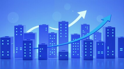 Fototapeta premium Blue cityscape with glowing buildings and upward trending arrow symbolizing financial growth and success