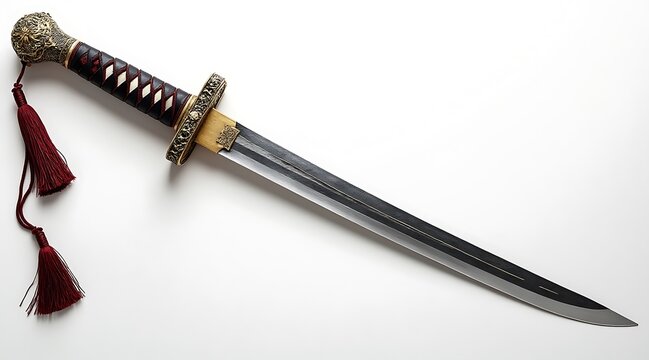 Ornate ancient Chinese jian sword with red tassels and gold accents weapon