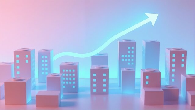 Futuristic cityscape with glowing upward trending graph line symbolizing economic growth and progress - Powered by Adobe