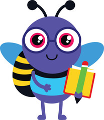 Adorable cartoon purple bee wearing glasses holding a yellow notebook and green pencil ready for school or learning with a friendly smile and big red eyes