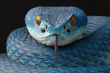 Close up of a vibrant blue viper snake with its tongue flicking against a dark background