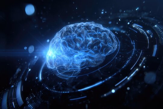 Futuristic brain graphic with digital overlay - Powered by Adobe