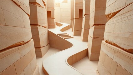 Abstract architectural model with winding pathways and geometric stone pillars bathed in warm light