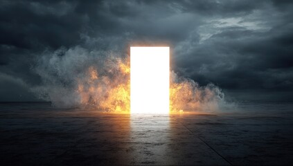 A bright white doorway opens into a stormy sky, surrounded by smoke and fire