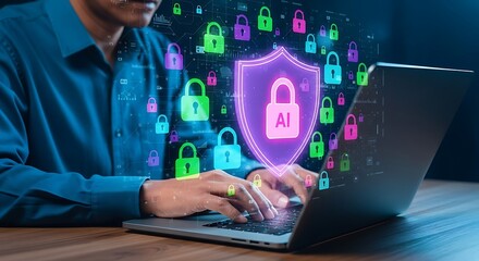 AI security shield protecting data on laptop as user types showcasing artificial intelligence cyber safety digital