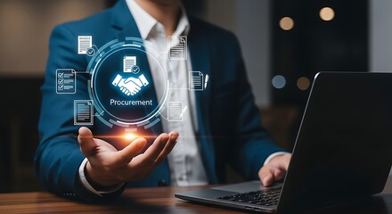 Business Professional with Laptop Displaying Procurement Process Handshake Graphic Contract Documents and Online