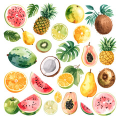 Colorful watercolor tropical fruit and leaf assortment, featuring sliced watermelon, pineapple, papaya, and citrus.