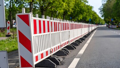 Red and white striped safety barriers line a city street