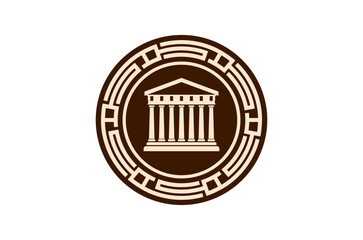 Ancient Greek temple building house logo design. Circular meander frame ornament. Law legal icon Vector illustration.