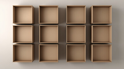 Stack of empty cardboard boxes on beige display