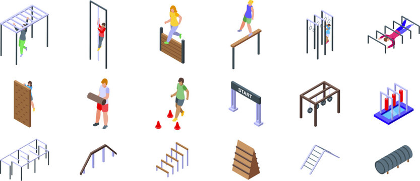 Obstacle course racing icons set. Athletes exercising using obstacle course equipment, isometric icons of outdoor gym