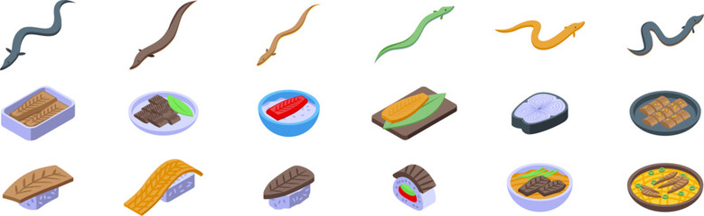Eel fish icons set. Various isometric eel species and diverse culinary eel dishes, showcasing the versatility of this elongated fish in gastronomy