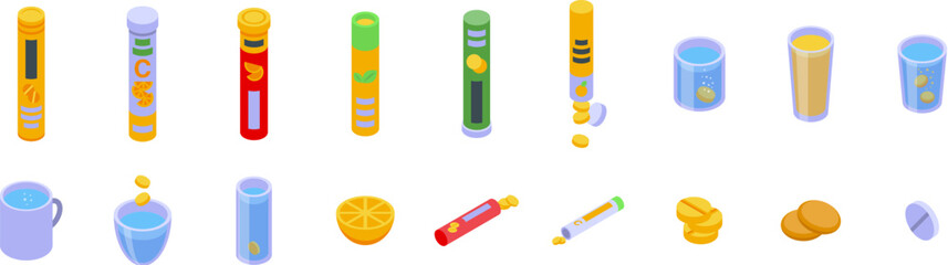 Effervescent vitamin icons set. Different flavors of soluble tablets and effervescent vitamins dropping into glass of water, being dissolved, and orange fruit slice