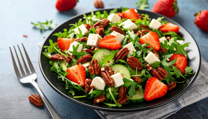 Feta cheese strawberry cucumber arugula salad with pecan. ai