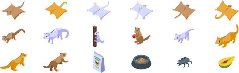 Sugar glider icons set. Set of isometric sugar gliders in various poses, showcasing their playful nature and gliding abilities, along with elements of their diet and habitat
