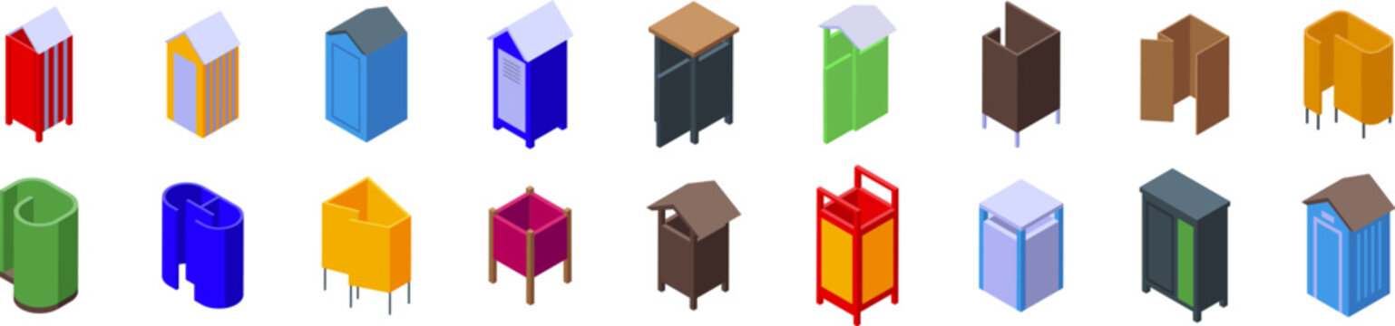 Beach changing room icons set. Isometric set of changing rooms or beach cabins showing different models and colors, including lockers and other storage furniture