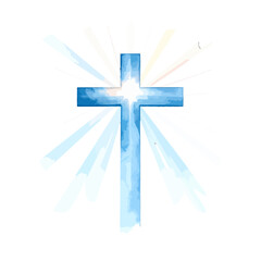 Obraz premium Blue watercolor Christian cross with a glowing center and radiating light beams.