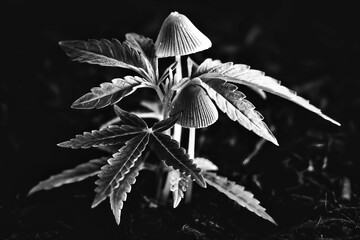 Mysterious Coexistence Cannabis Plant in Monochrome