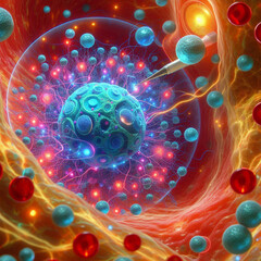 An AI-powered nanobot swarm repairing damaged cells inside a human body, microscopic view with vibrant colors