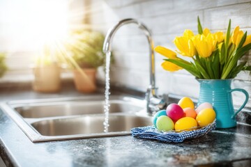 Bright kitchen with colorful easter eggs yellow tulips