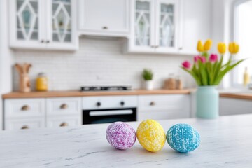 Colorful easter eggs on kitchen counter with spring flowers