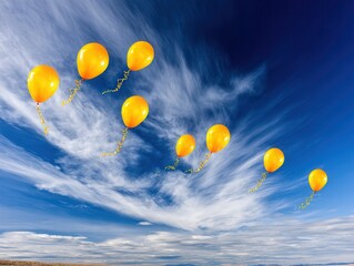 Balloons floating in the sky with wispy clouds