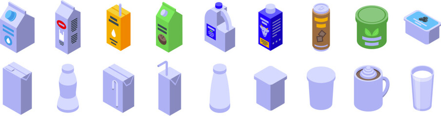Milk drink box icons set. Isometric set of milk product packaging presenting diverse dairy beverages, containers, and milk related items