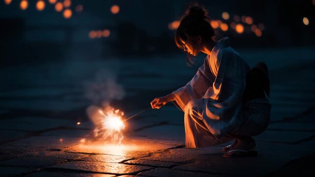 夜の石畳にしゃがみ線香花火を手にする浴衣の女性