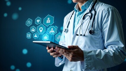 Medicine doctor in white coat no face view, with stethoscope touching tablet with digital healthcare and network connection and hologram modern virtual screen interface icons