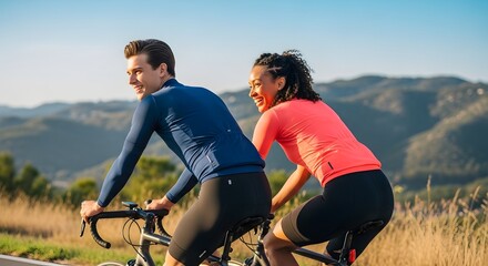 Happy couple enjoys a scenic bike ride through rolling hills, sunlight illuminating their joyful expressions.