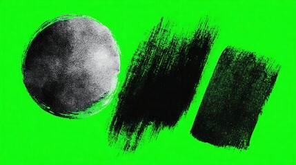 Abstract black brush strokes on vibrant green background