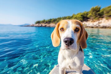 Beagle enjoying sunny day on boat at sea