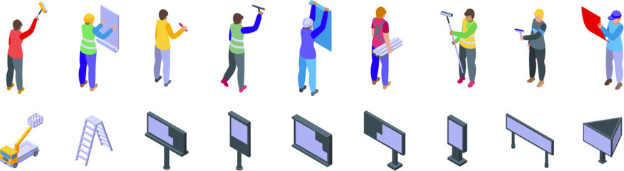 Workers installing billboards icons set. Workers installing, cleaning and maintaining large outdoor advertising structures