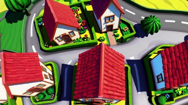 Cartoon-style animation 3D of aerial view flyover above a stylized miniature countryside with red-roof houses, winding roads, and colorful fields. Lush trees and gentle hills create a peaceful rural s