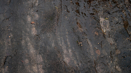 Top view of dark black and brown stone slabs. Different patterns create beauty. Wet surface. For background and textured.