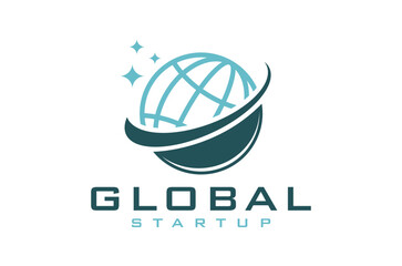 Global startup logo design. Globe with orbit effect and stars, business consulting vector illustration