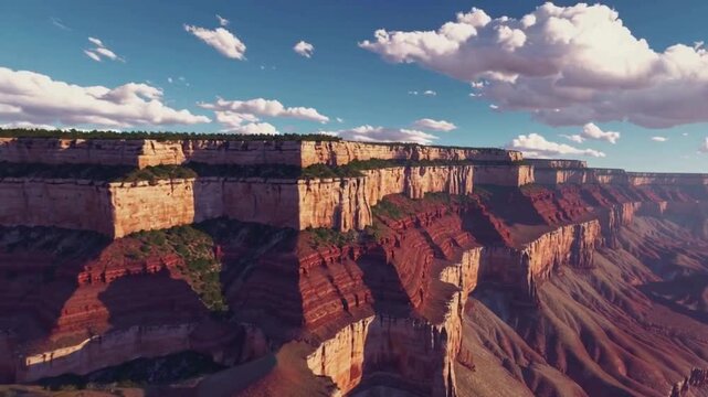 Stylized cinematic animation of the Grand Canyon with layered cliffs and vast desert terrain The camera glides parallel to the edge capturing epic views, sunlight