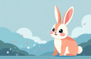 Cute cartoon bunny with large ears sitting outdoors in a colorful landscape