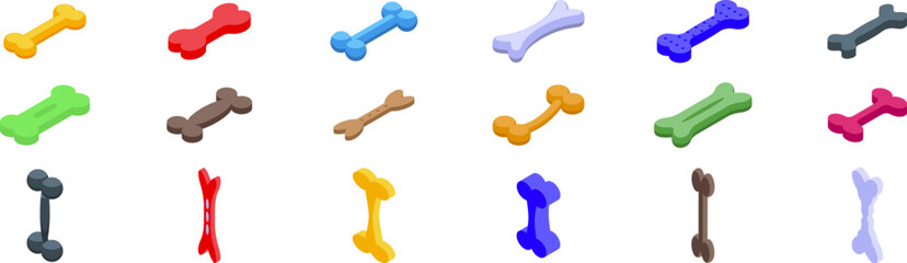 Dog bone toy icons set. Isometric set of colorful dog bone icons representing different treats and chew toys for canine companions