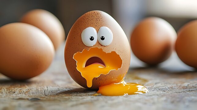 Rotten egg with funny face placed on cracked shell showing food poisoning concept