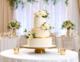 Elegant three-tiered wedding cake, adorned with white roses and gold accents, sits on a gold stand on a white tablecloth, in a banquet hall with soft lighting