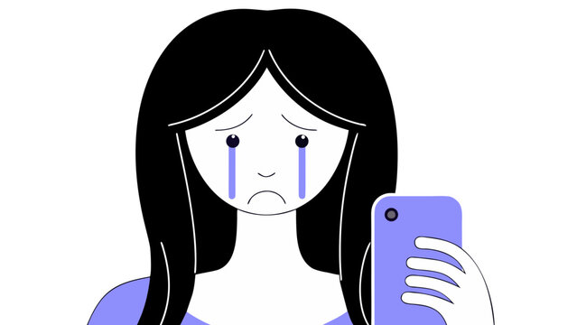 Vektorillustration einer weinenden Frau mit Smartphone &ndash; Symbol f&uuml;r Silent suffering, Doxxing, Social media bullying, Cybermobbing, Hate Speech, Mobbing, soziale Isolation und Diskriminierung.