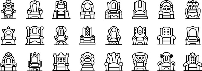 Royal throne icons set. Throne chair icons set, outline style, king and queen royal seats representing power and authority, line signs collection