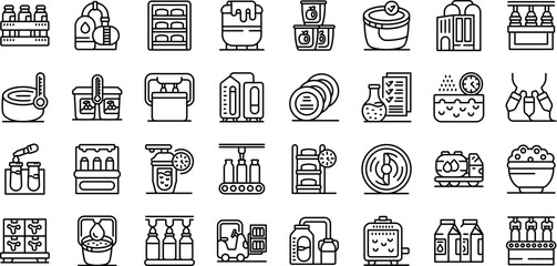 Dairy processing icons set. Icons depict various stages of milk processing, from storage tanks and quality control to automated bottling lines and packaging