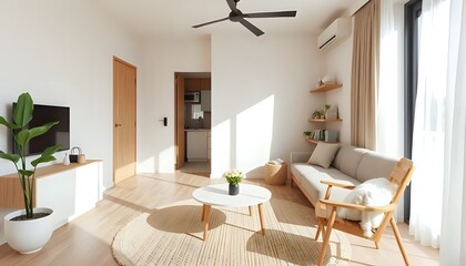 japandi style small apartment 3d, minimal neutral palette, geometric accents, smart furniture, serene aesthetic, modern tiny home interior