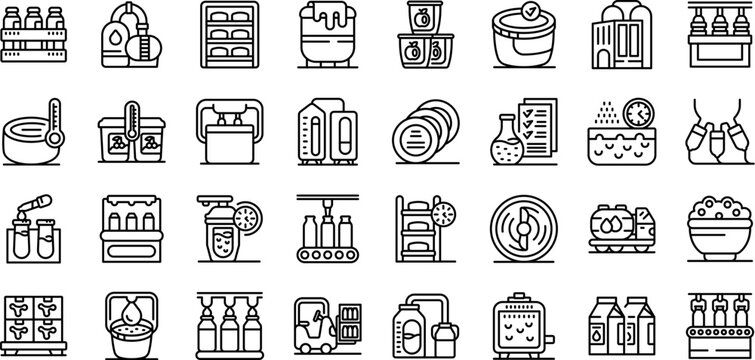 Dairy processing icons set. Icons depict various stages of milk processing, from storage tanks and quality control to automated bottling lines and packaging