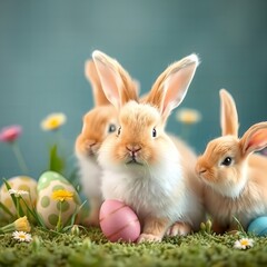Fototapeta premium A group of easter bunnies sitting in the grass with easter eggs and small flowers on a blue background